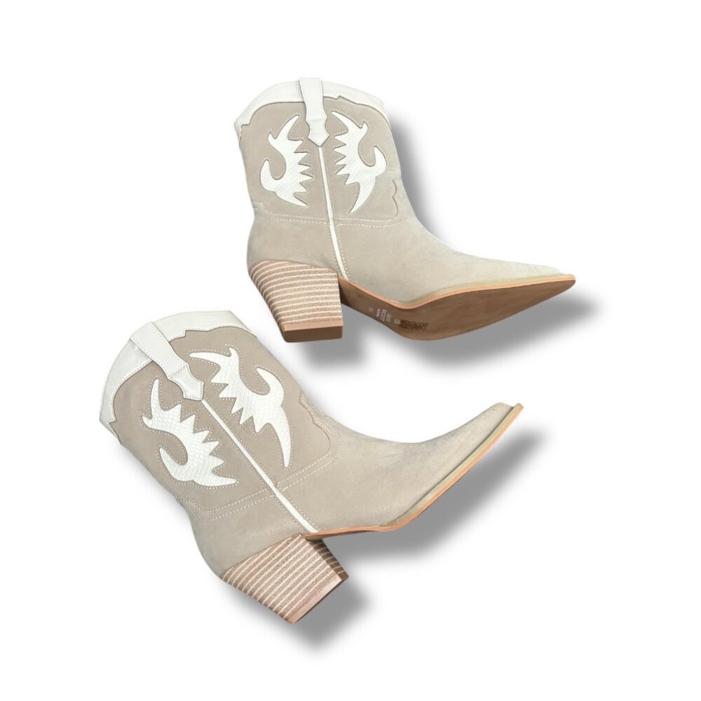 Oasis Society Houston Taupe Beige White Cowboy Western Vegan Leather Boots 8.5 - Picture 6 of 10